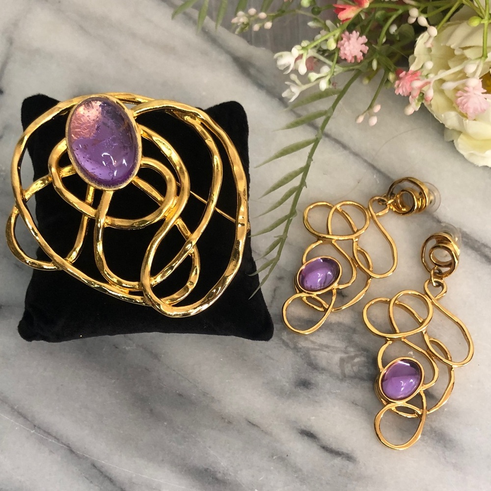 Vintage 90s AVON Golden Web brooch k pierced earrings set purple stones & gold